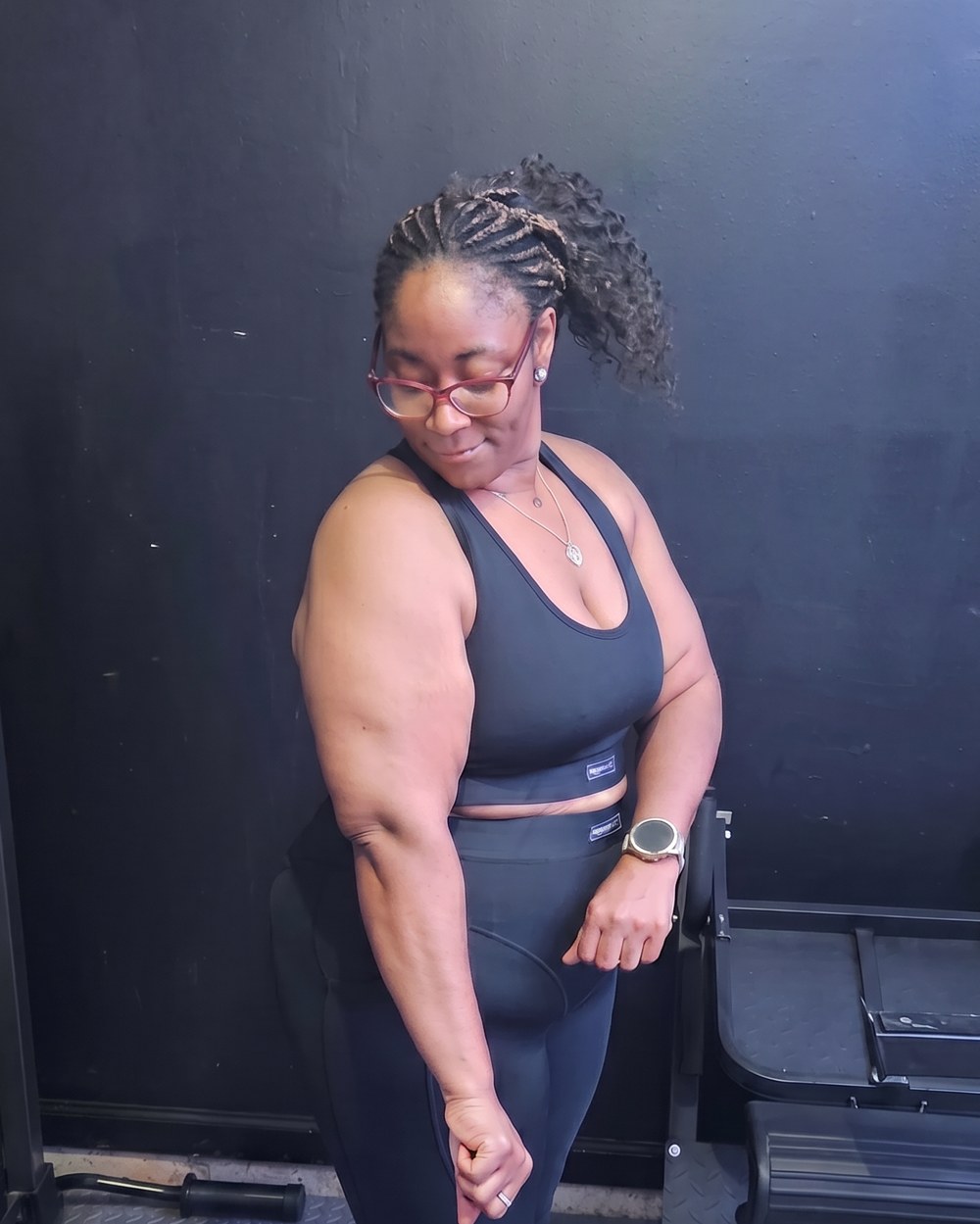 LaShounn Stevenson, BSN, RN — standing confidently in workout gear inside the gym